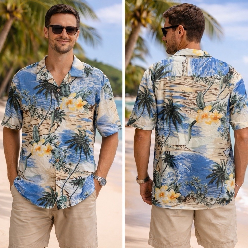 Caribbean Mens Oceanic Oasis Island Zone Polo Sz L  Button Up Beach